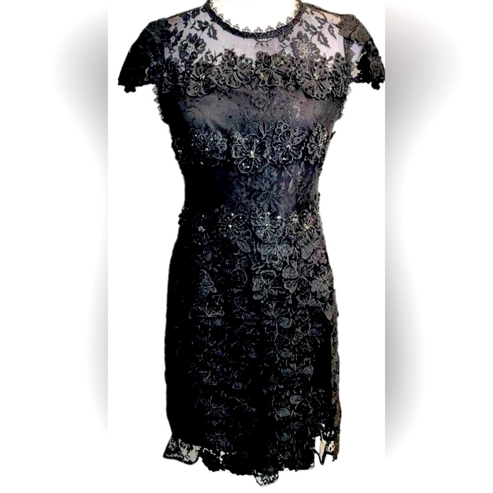 Belle Badgley Mischka Black A-line Lace Skater Mini Dress